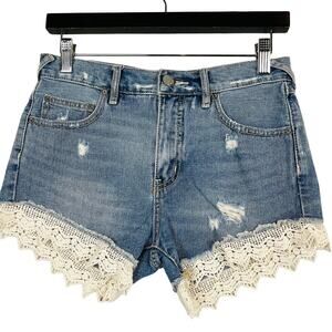 Free People Lace Trim Denim Shorts Jean Blue - 25